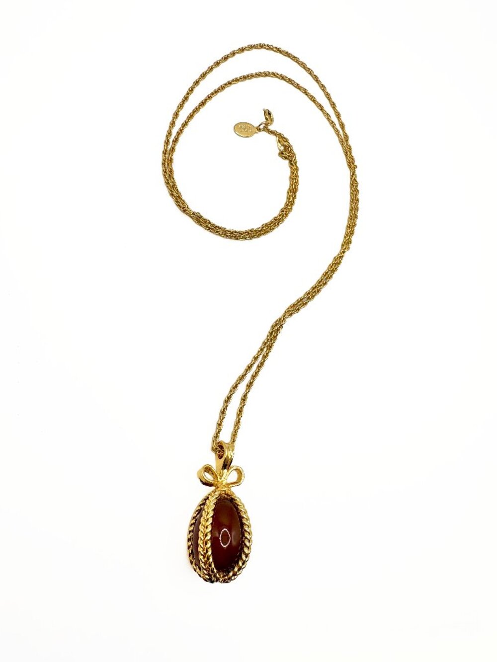 Vintage Joan Rivers Faberge Style Egg Necklace Amber Brown Gold Tone - Picture 3 of 9
